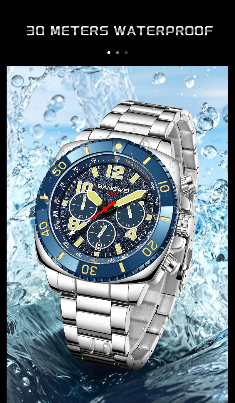Relógio Masculino BANGWEI Luxo Esportivo Cronógrafo 30M à Prova d’Água