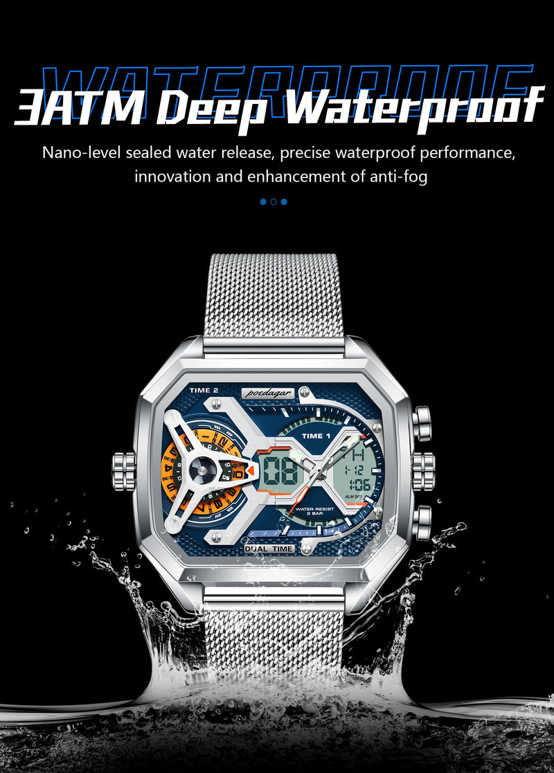 Relógio POEDAGAR E106 Quartz Digital Masculino 45mm Aço Inoxidável Vidro de SAFIRA