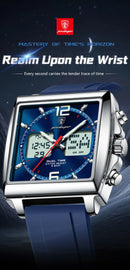 Relógio POEDAGAR Luxo Masculino LED Quadrado com Cronógrafo e Duplo Fuso Horário