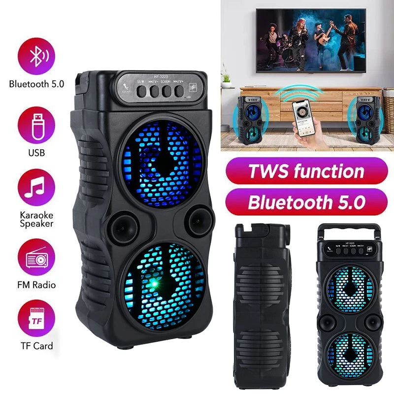 Alto-Falante Portátil Sem Fio com Subwoofer – Dual 3", Som Estéreo, USB, Ideal para Festas, Karaokê e Uso Familiar