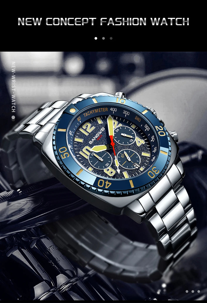 Relógio Masculino BANGWEI Luxo Esportivo Cronógrafo 30M à Prova d’Água