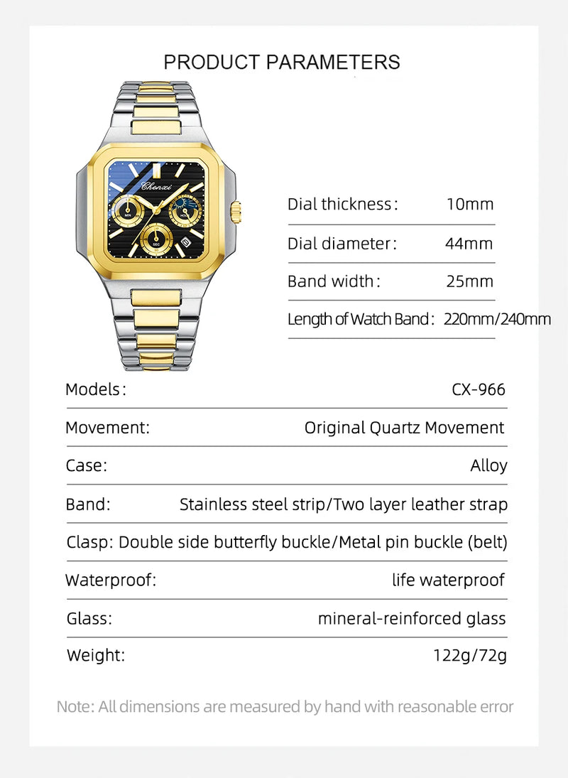 Relógio Masculino CHENXI Quadrado Clássico Multifuncional Cronógrafo Quartzo Luminoso à Prova d’Água