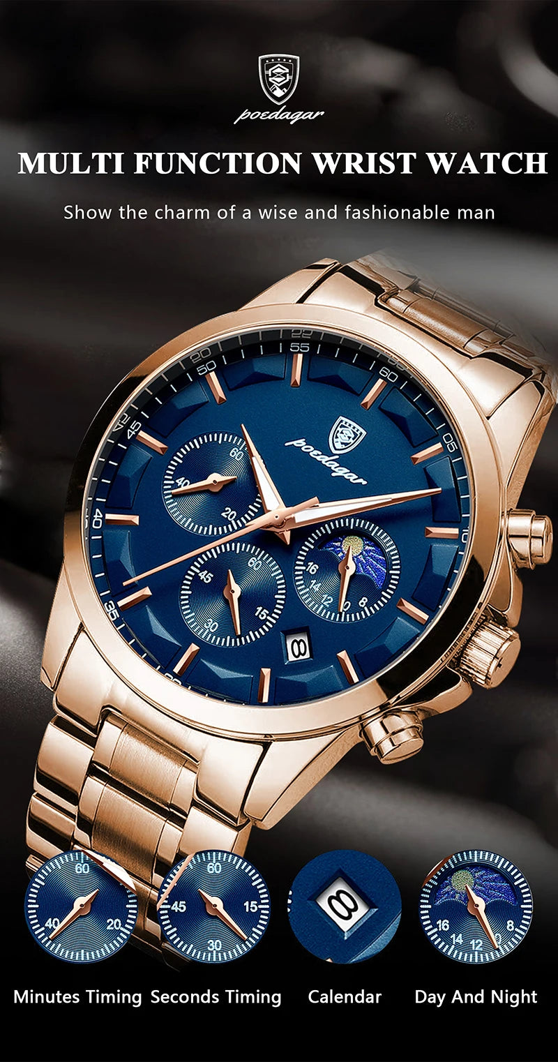 Relógio POEDAGAR Masculino Esportivo Luxo Aço Inox Cronógrafo Luminoso