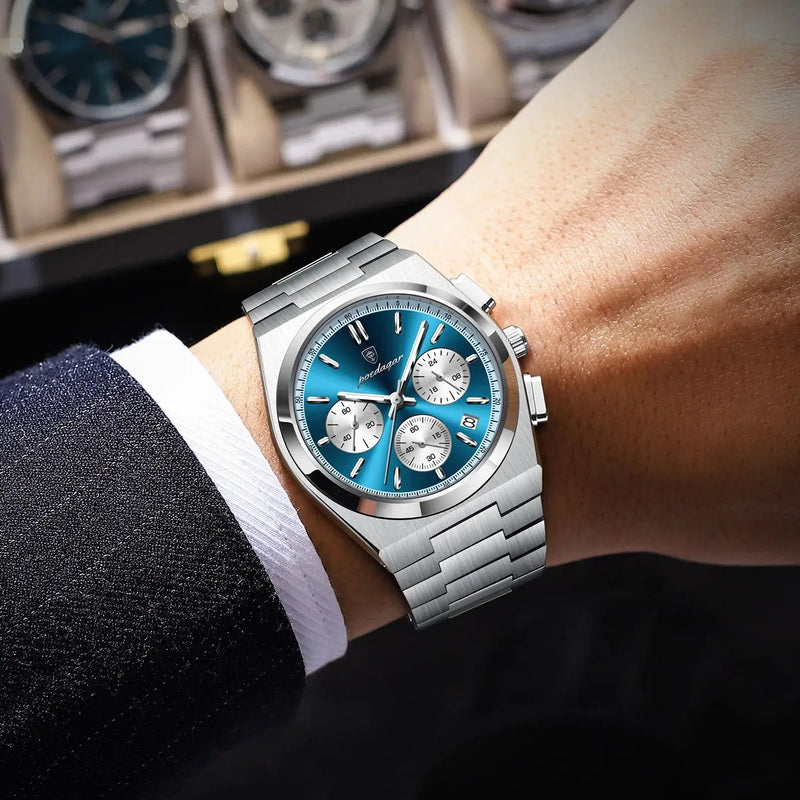 Relógio Masculino POEDAGAR Luxo Quartzo Cronógrafo à Prova d’Água com Data e Pulseira de Aço Inoxidável