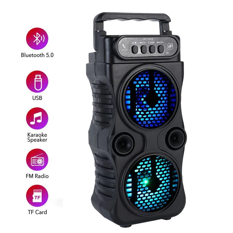 Alto-Falante Portátil Sem Fio com Subwoofer – Dual 3", Som Estéreo, USB, Ideal para Festas, Karaokê e Uso Familiar