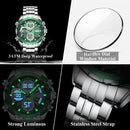 Relógio Masculino POEDAGAR Luxo à Prova d’Água Display Duplo LED Digital e Quartzo Pulseira de Aço