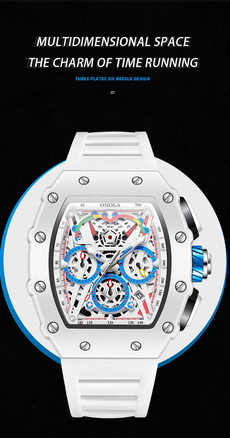 Relógio ONOLA Masculino Luxo Casual com Pulseira de Silicone, Multifuncional e Resistente à Água