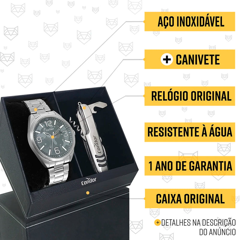 Relógio Masculino Condor Prata Original Com 1 Ano Garantia + Canivete BRINDE