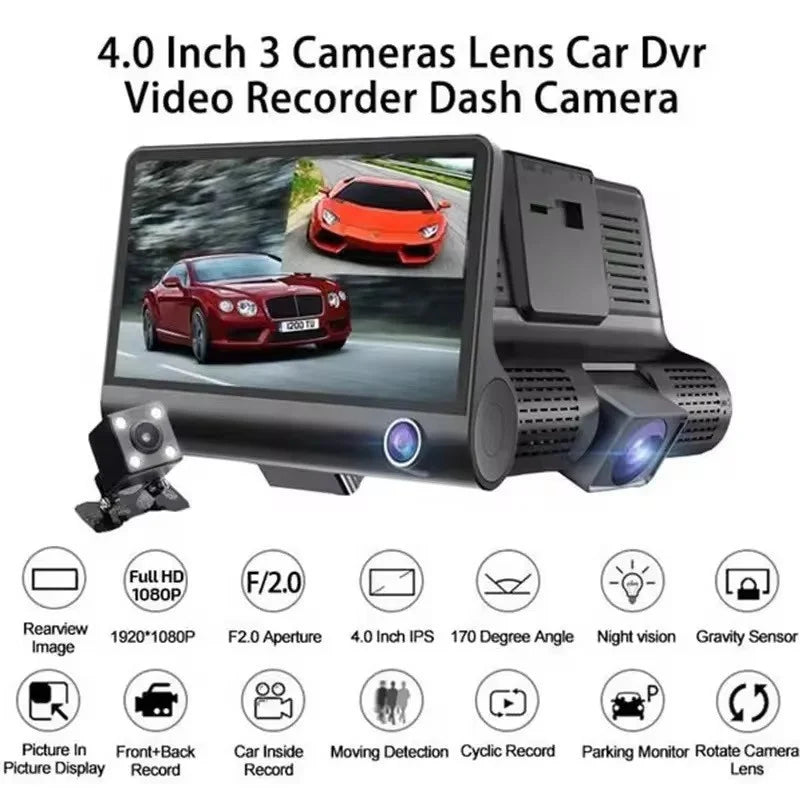DVR Automotivo 3 Câmeras Alta Definição Visão Noturna Detecção de Movimento Bateria Interna