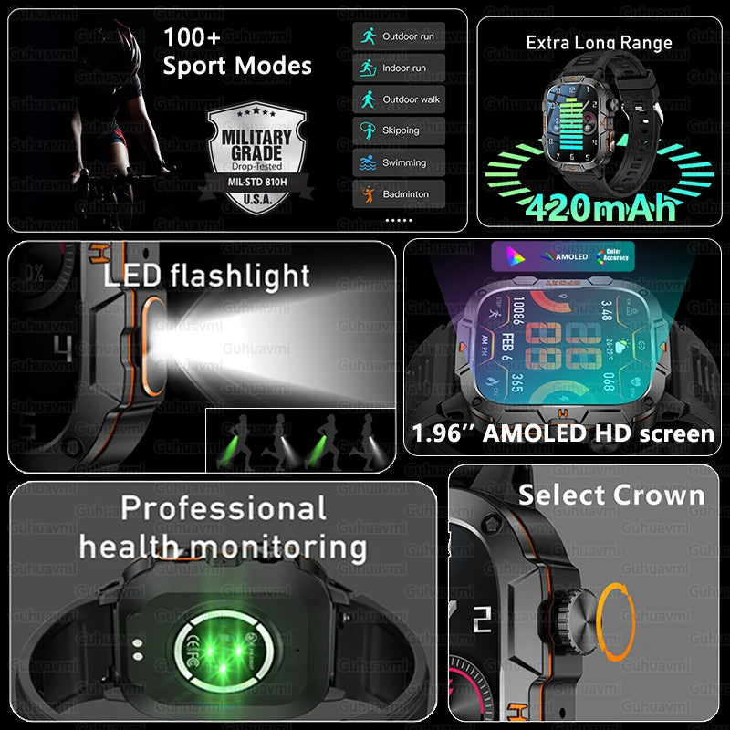 Relógio Militar Smart 2025 com GPS, Chamada Bluetooth e Monitoramento de Saúde, Resistente à Água