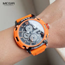Relógio MEGIR 2208 Masculino Esportivo Laranja com Cronógrafo, Calendário Automático, Pulseira de Silicone e Resistência à Água