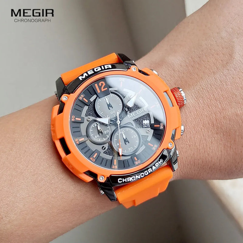 Relógio MEGIR 2208 Masculino Esportivo Laranja com Cronógrafo, Calendário Automático, Pulseira de Silicone e Resistência à Água