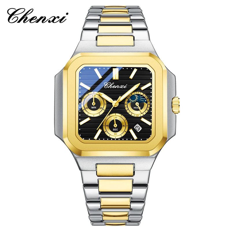 Relógio Masculino CHENXI Quadrado Clássico Multifuncional Cronógrafo Quartzo Luminoso à Prova d’Água