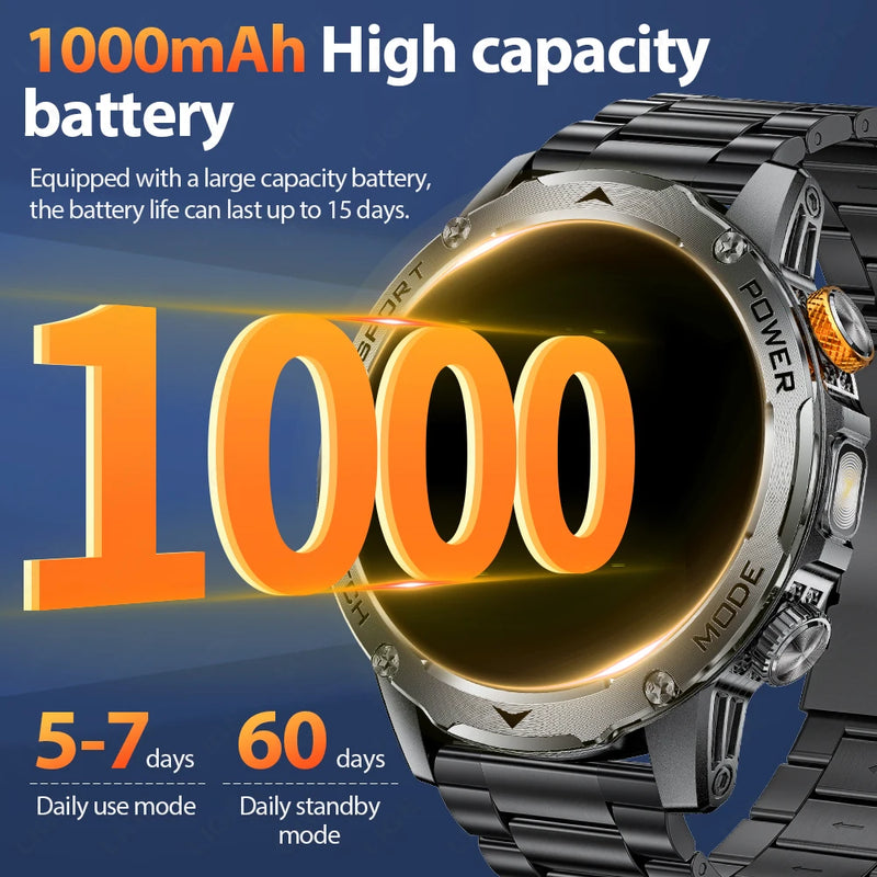 Smartwatch LIGE 2025 Masculino – AMOLED, 1000mAh, Chamada BT, Esportivo, Fitness, Lanterna LED, 3ATM à Prova d'Água, Huawei/Xiaomi