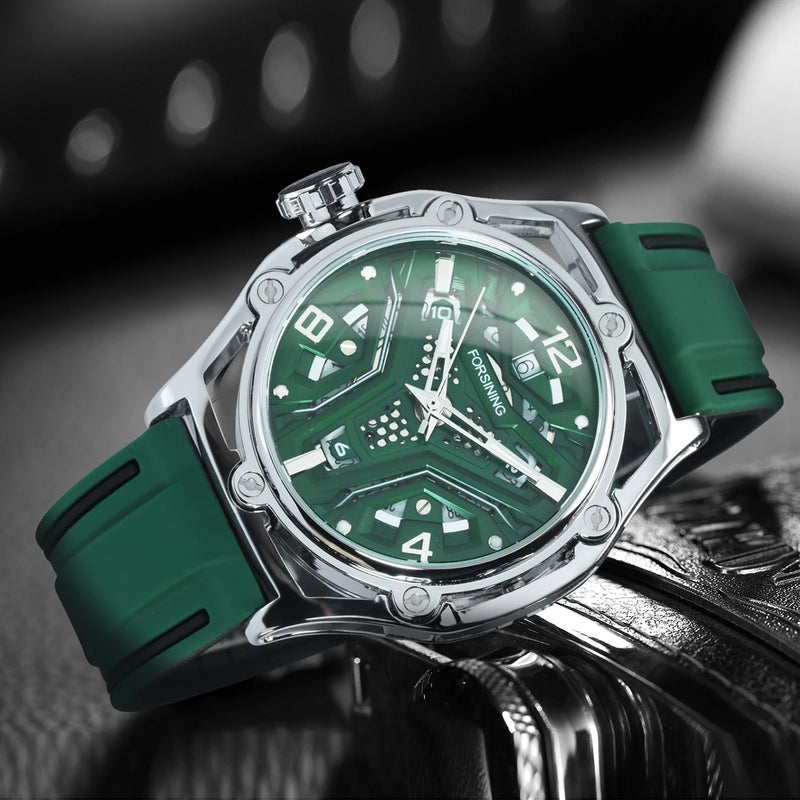Relógio Masculino Automático Forsining Esportivo – Verde Oco, Luminoso, Calendário e Pulseira de Borracha