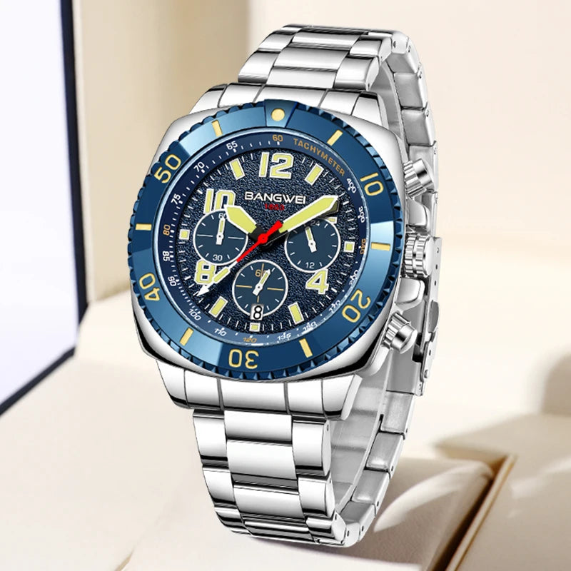 Relógio BANGWEI BW8818 Quartzo Masculino 44mm Aço Inoxidável com Vidro de Safira