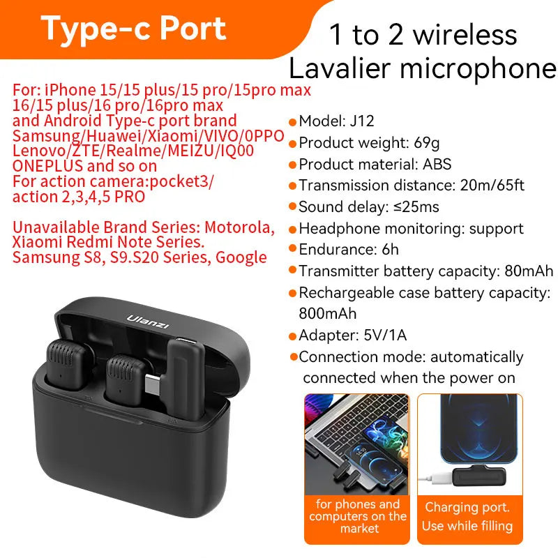 Microfone de Lapela Sem Fio Ulanzi J12 – Plug & Play, Mini, Ideal para Gravação de Áudio/Vídeo e Transmissão ao Vivo