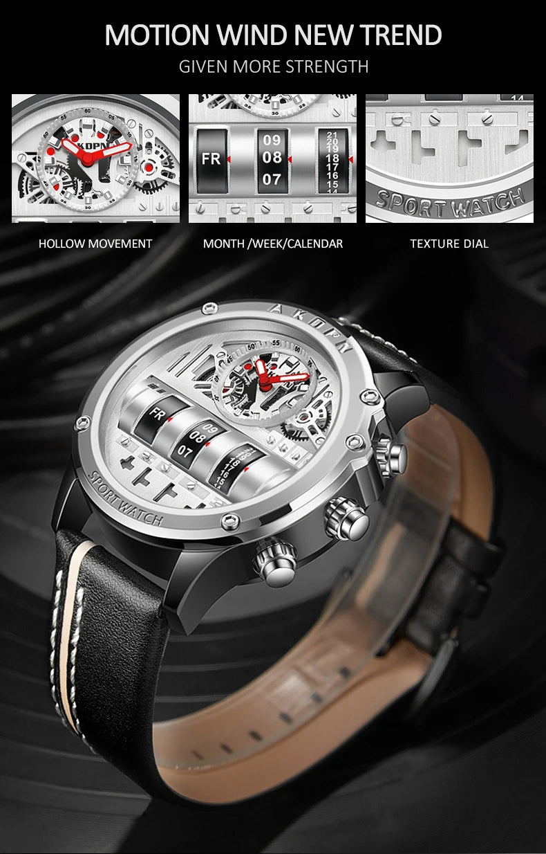 Relógio Mecânico Masculino Luxo Criativo com Data Rotativa e Pulseira de Couro