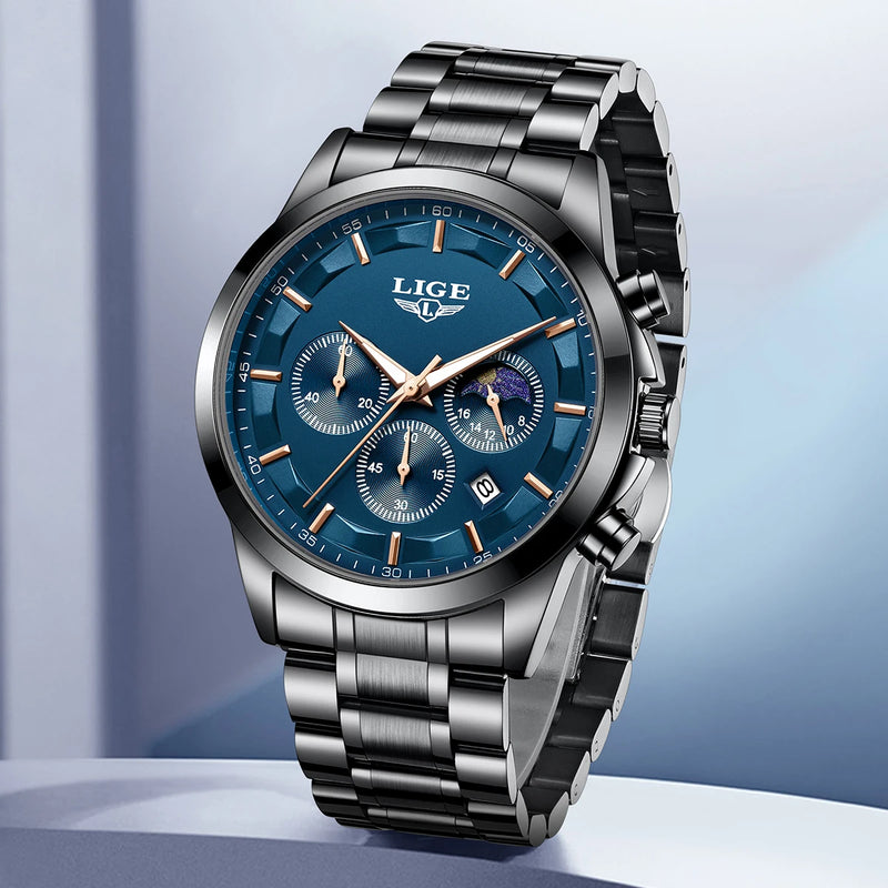 Relógio Masculino LIGE Quartz – Luxo, Esportivo e Casual, Aço Inoxidável, Calendário, Luminoso e À Prova d'Água