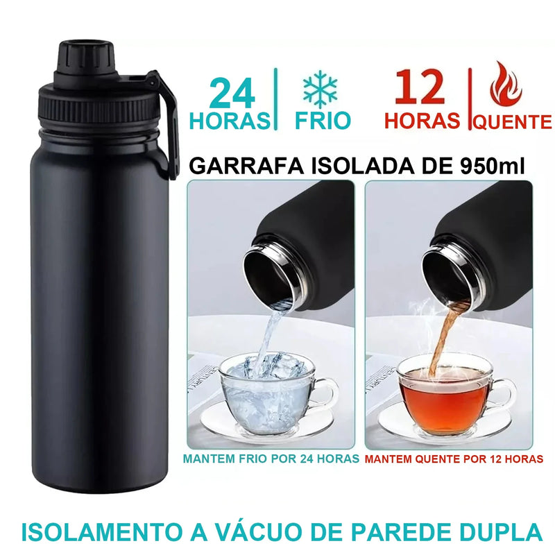 Garrafa de água portátil isolada, térmica de frio e calor, Corda de aço inoxidável, Copa esportiva, 1000ml, 32 oz