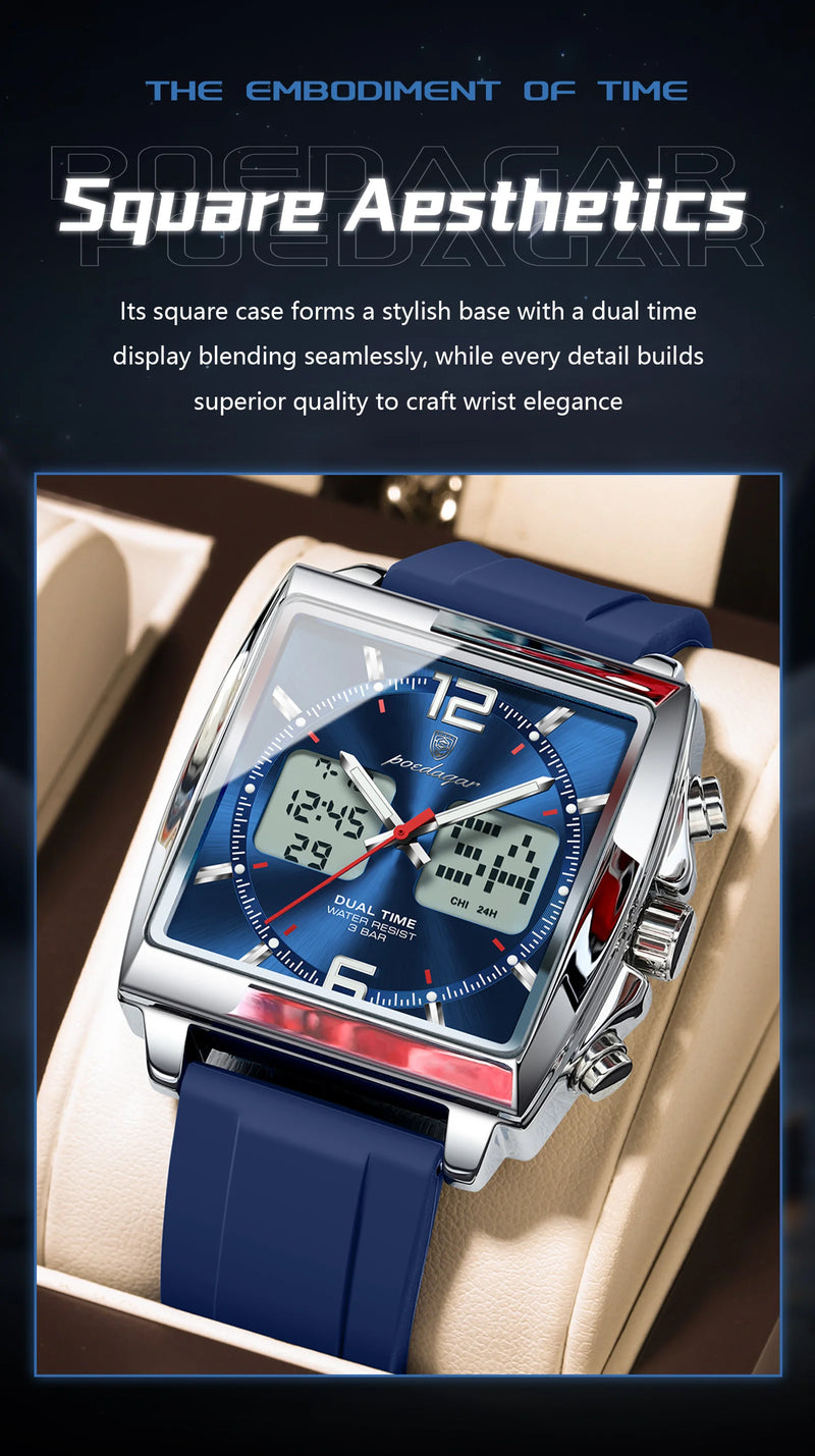Relógio POEDAGAR Luxo Masculino LED Quadrado com Cronógrafo e Duplo Fuso Horário