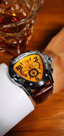 Relógio Automático Masculino JARAGAR Triângulo 43mm  Aço Inoxidável Vidro de SAFIRA com Pulseira de Couro