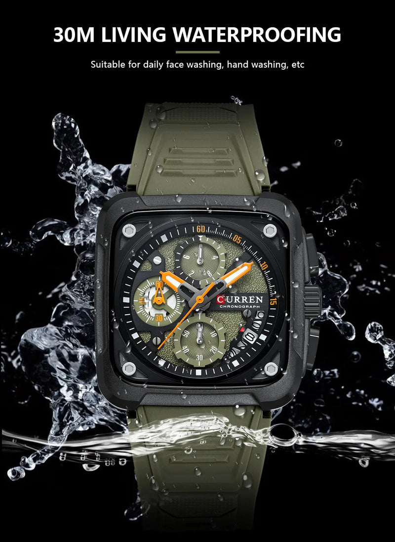 Relógio CURREN Masculino Luxo Quadrado Cronógrafo à Prova d’Água Luminoso