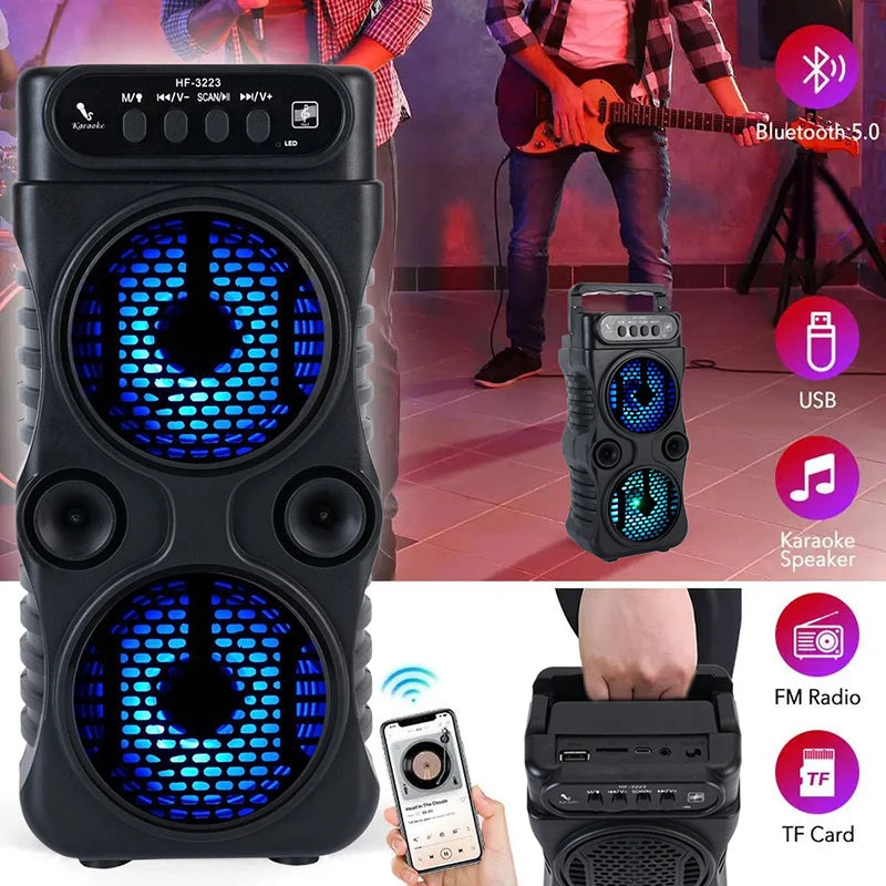 Alto-Falante Portátil Sem Fio com Subwoofer – Dual 3", Som Estéreo, USB, Ideal para Festas, Karaokê e Uso Familiar