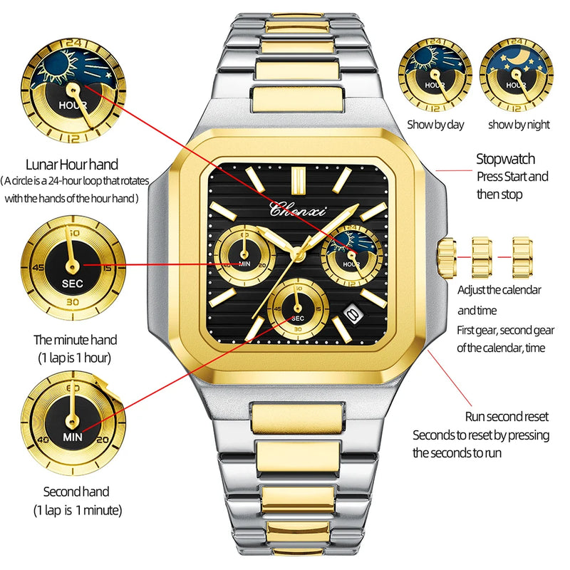 Relógio Masculino CHENXI Quadrado Clássico Multifuncional Cronógrafo Quartzo Luminoso à Prova d’Água