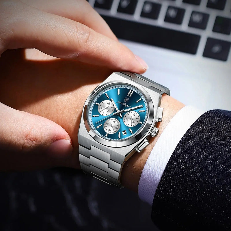 Relógio Masculino POEDAGAR Luxo Quartzo Cronógrafo à Prova d’Água com Data e Pulseira de Aço Inoxidável