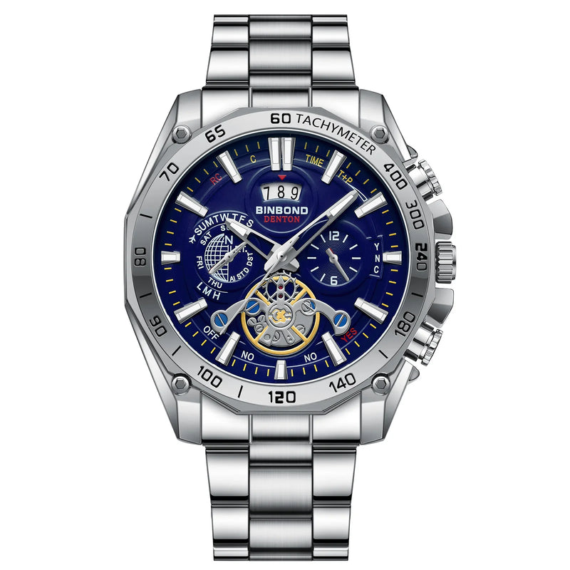 Relógio Masculino Quartz BINBOND 44mm Aço Inoxidável Calendário Automático Vidro SAFIRA