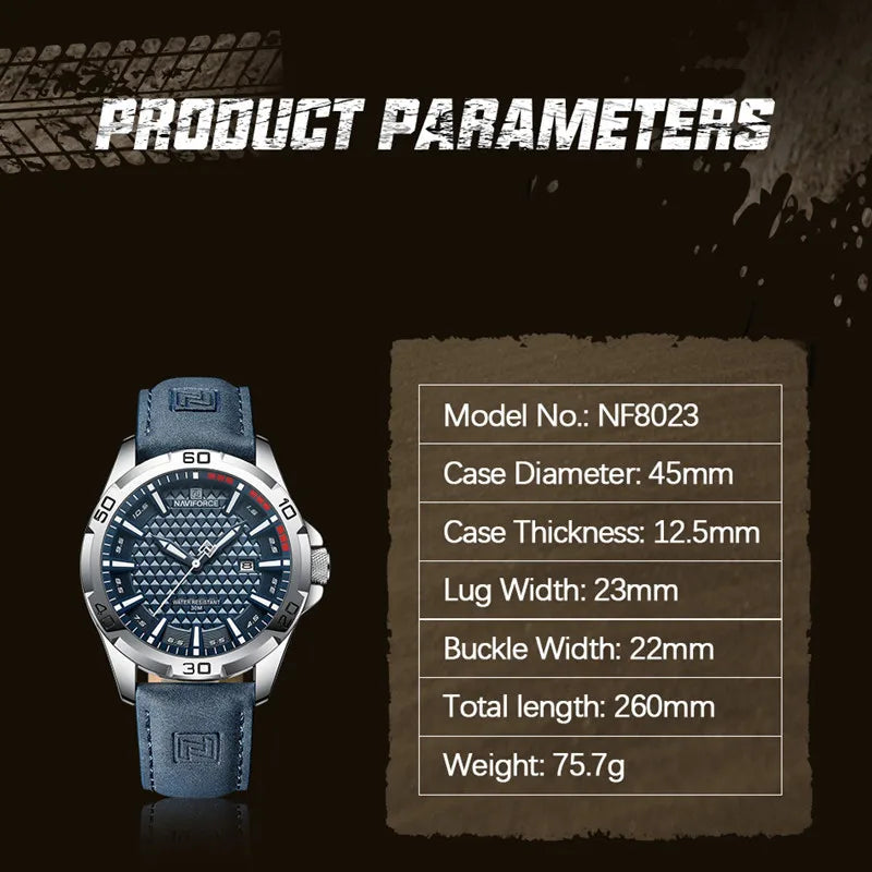 Relógio Quartz NAVIFORCE NF8023 Masculino 45mm Aço inoxidável com Vidro de SAFIRA Calendário Automático