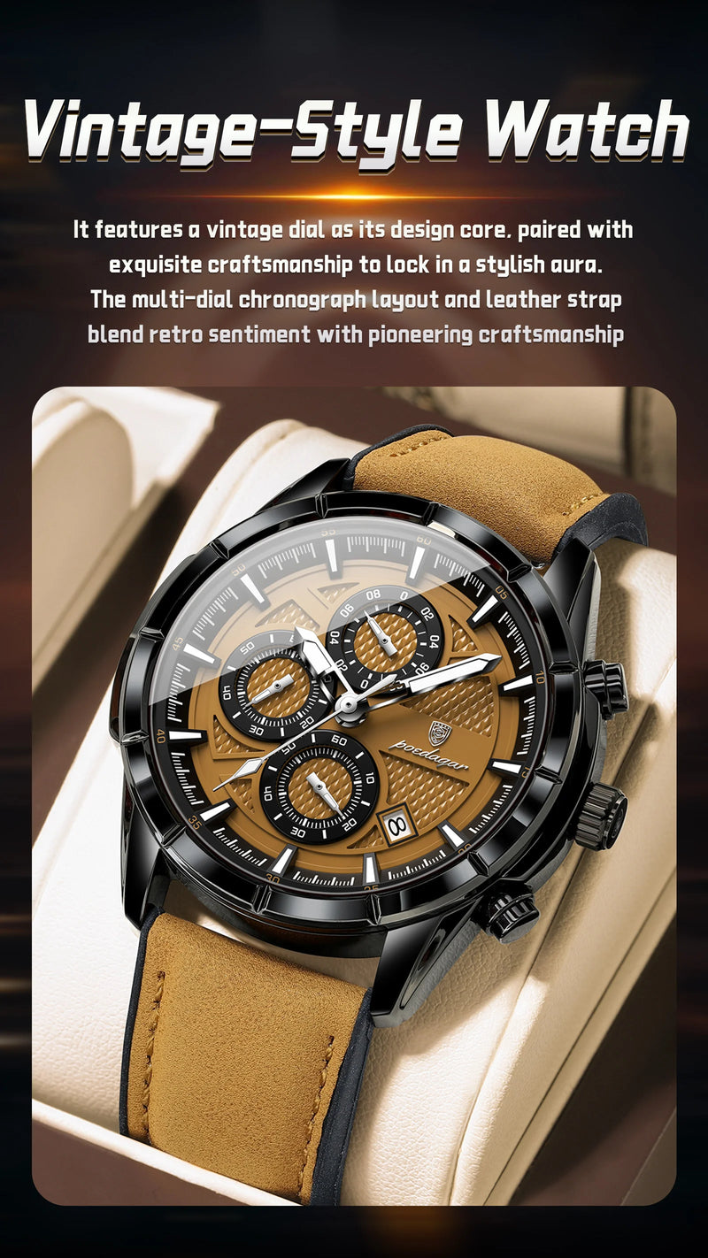 Relógio Masculino POEDAGAR Luxo Original Quartzo Cronógrafo Impermeável com Pulseira de Couro