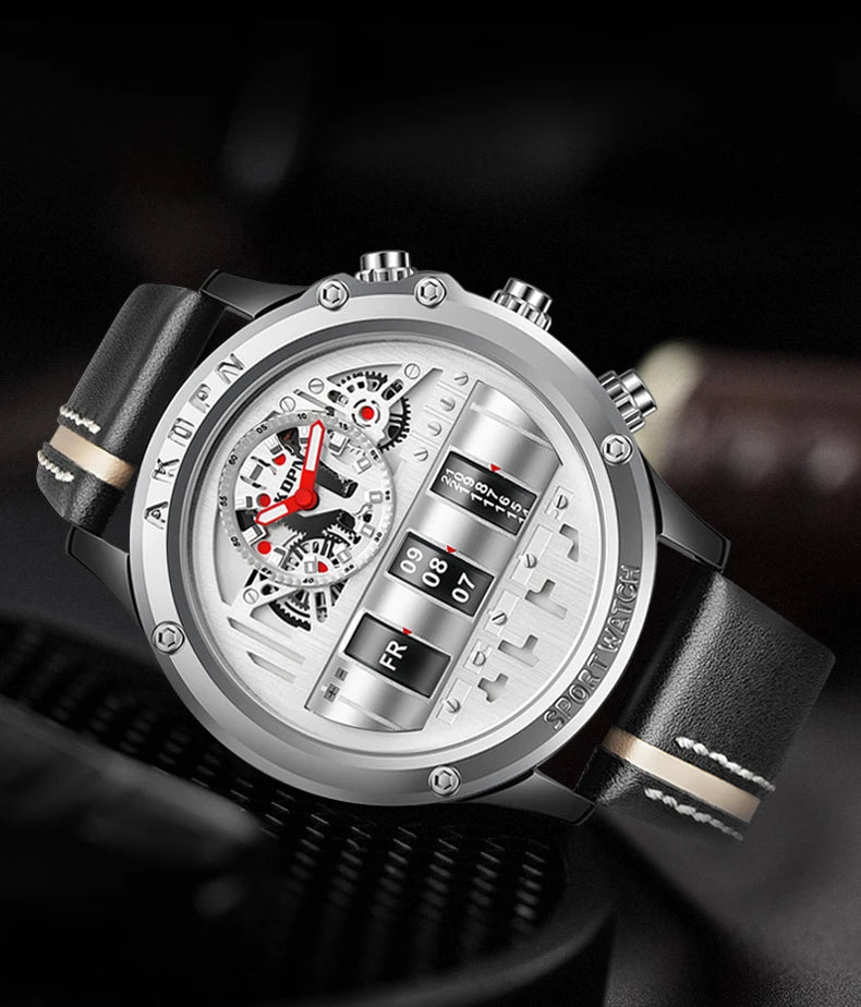 Relógio Mecânico Masculino Luxo Criativo com Data Rotativa e Pulseira de Couro