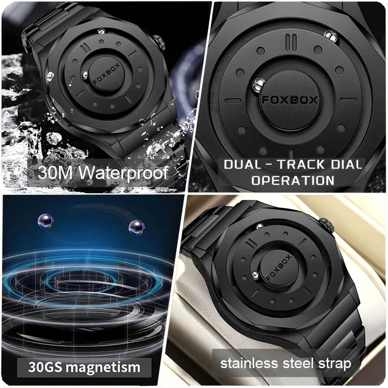 Relógio Masculino FOXBOX Ponteiro Rolante Magnético Quartzo Esportivo Design Moderno, À Prova D’água