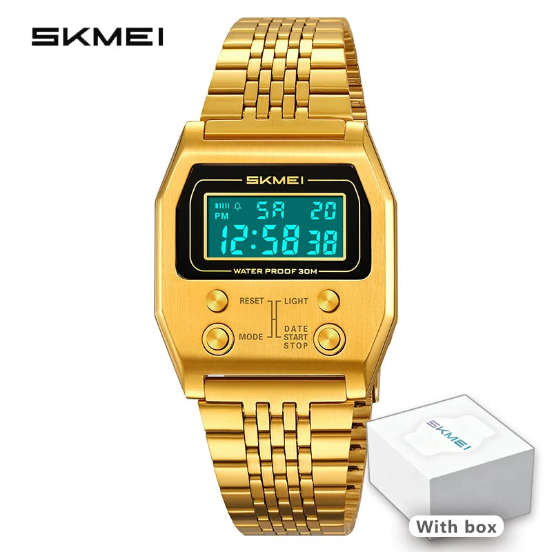 Relógio Masculino SKMEI 2460 Quadrado Dourado com Cronômetro, Alarme e Pulseira de Aço Inoxidável