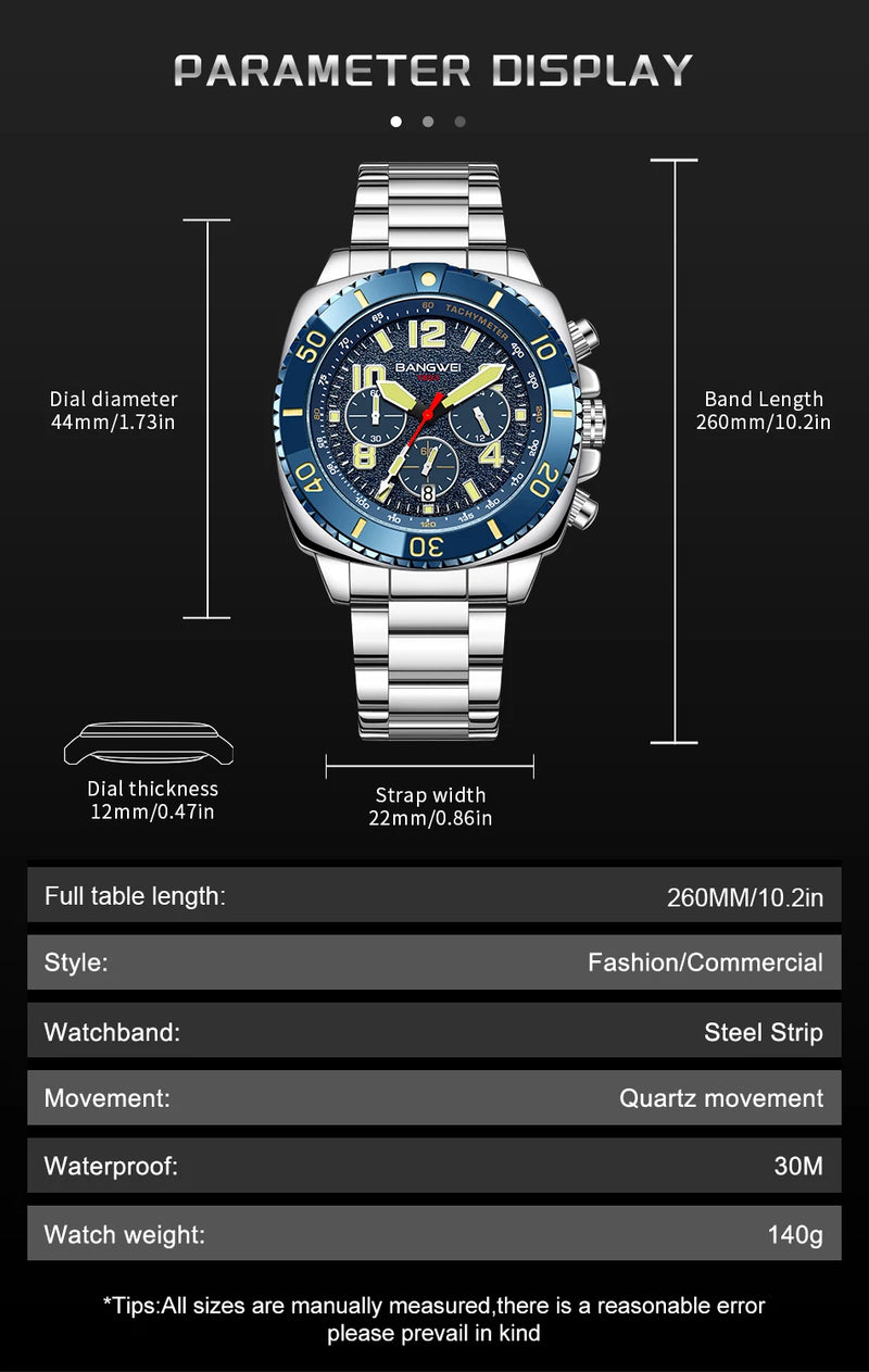 Relógio Masculino BANGWEI Luxo Esportivo Cronógrafo 30M à Prova d’Água