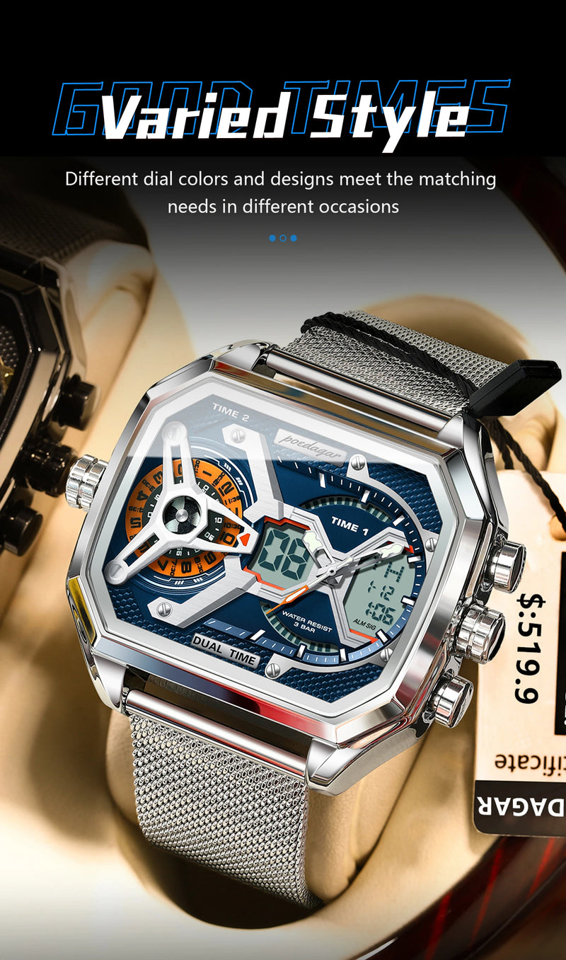 Relógio POEDAGAR E106 Quartz Digital Masculino 45mm Aço Inoxidável Vidro de SAFIRA