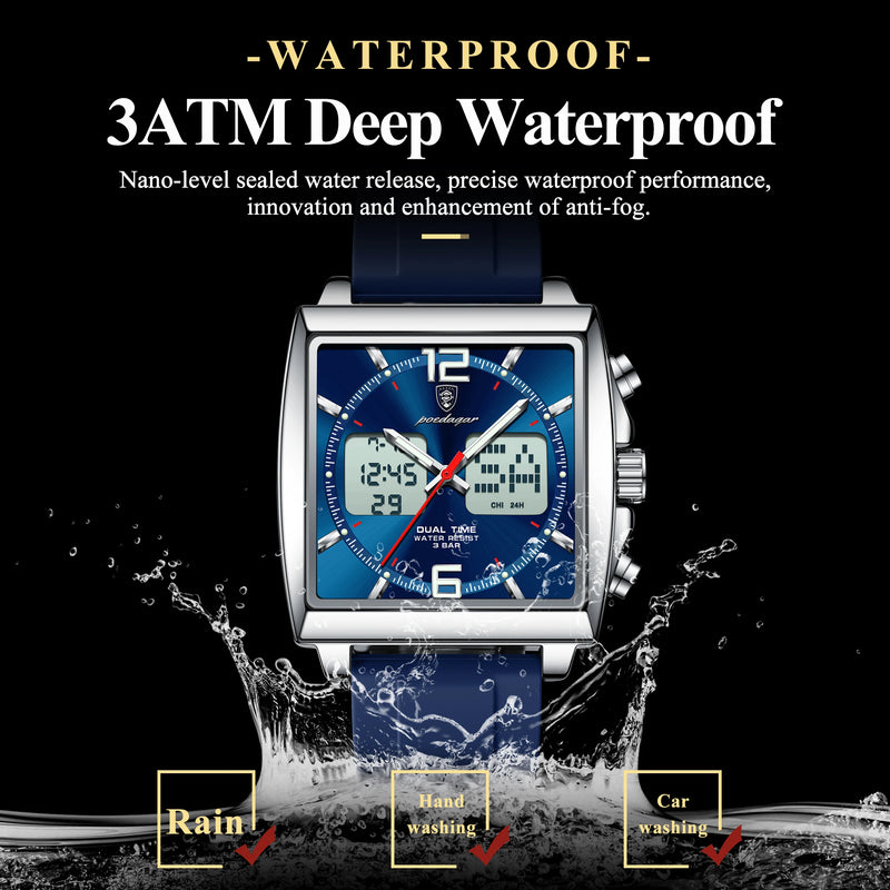 Relógio POEDAGAR Luxo Masculino LED Quadrado com Cronógrafo e Duplo Fuso Horário