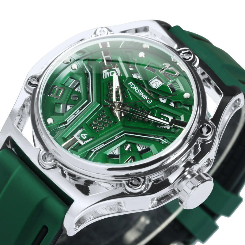 Relógio Masculino Automático Forsining Esportivo – Verde Oco, Luminoso, Calendário e Pulseira de Borracha