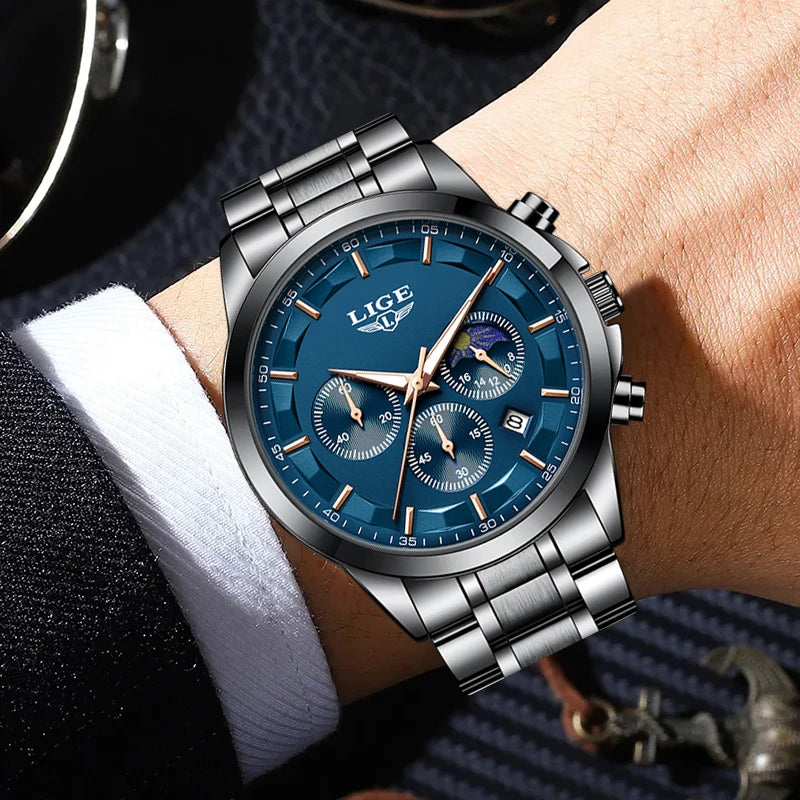 Relógio Masculino LIGE Quartz – Luxo, Esportivo e Casual, Aço Inoxidável, Calendário, Luminoso e À Prova d'Água