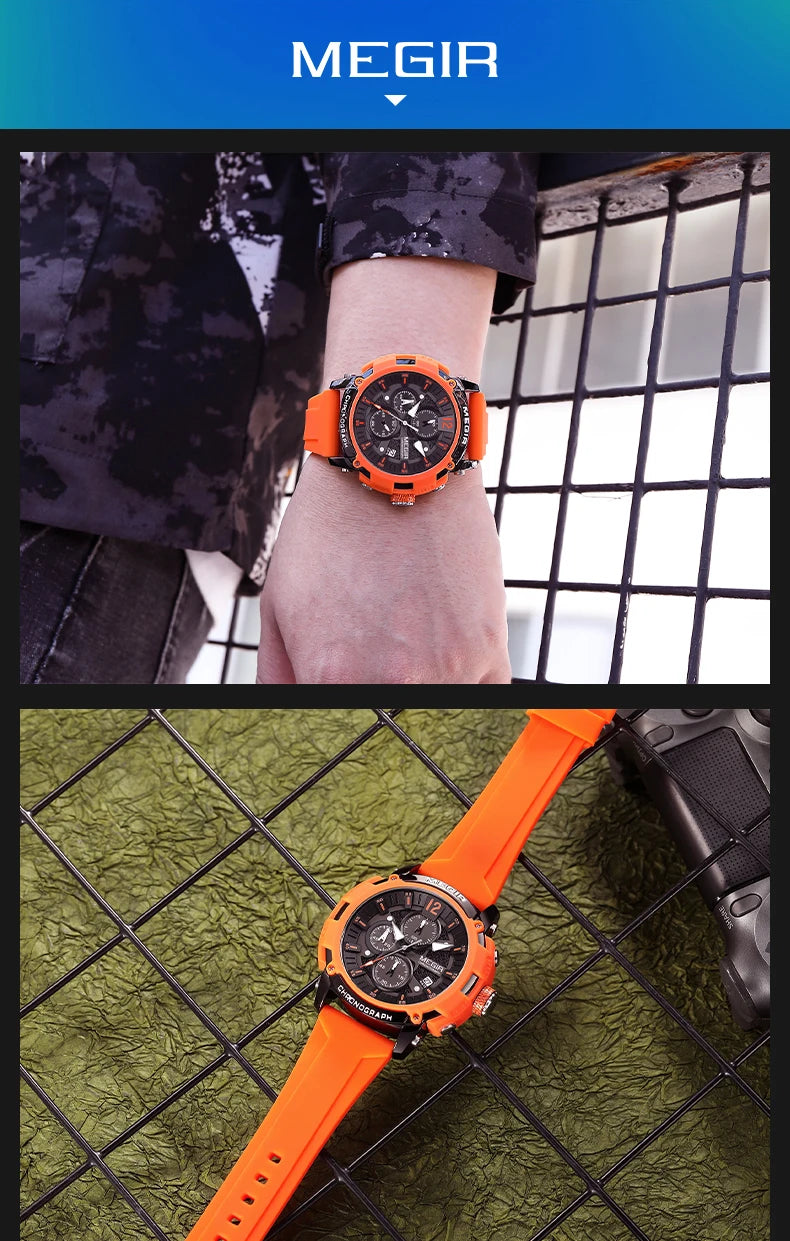 Relógio MEGIR 2208 Masculino Esportivo Laranja com Cronógrafo, Calendário Automático, Pulseira de Silicone e Resistência à Água