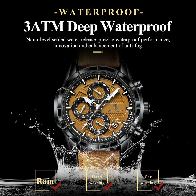 Relógio Masculino POEDAGAR Luxo Original Quartzo Cronógrafo Impermeável com Pulseira de Couro