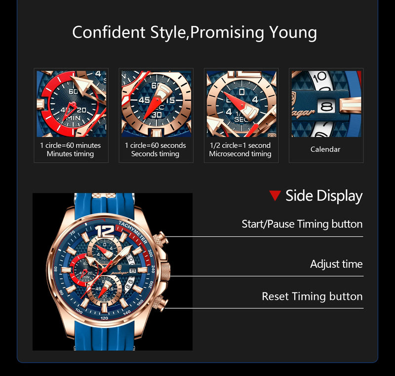 Relógio Masculino Poedagar Luxo Militar 898 – Quartzo, Cronógrafo, Calendário, Luminoso, À Prova d'Água com Pulseira de Silicone