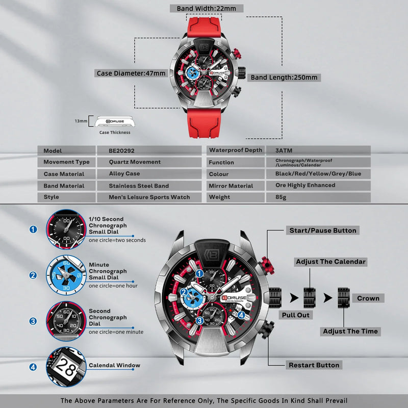 Relógio BORUSE Masculino Quartz em AÇO Inoxidável com Vidro de SAFIRA Calendário Automático