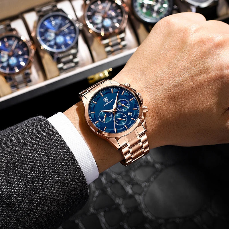 Relógio POEDAGAR Masculino Esportivo Luxo Aço Inox Cronógrafo Luminoso