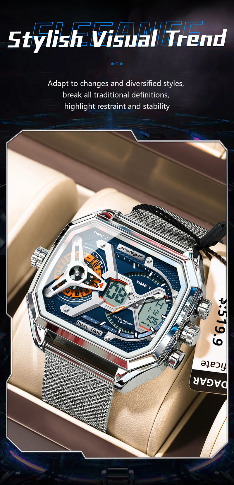 Relógio POEDAGAR E106 Quartz Digital Masculino 45mm Aço Inoxidável Vidro de SAFIRA
