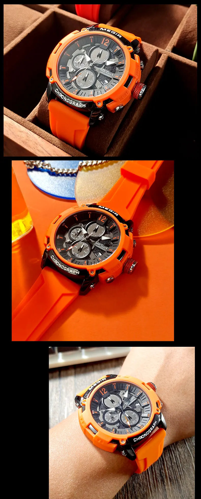 Relógio MEGIR 2208 Masculino Esportivo Laranja com Cronógrafo, Calendário Automático, Pulseira de Silicone e Resistência à Água
