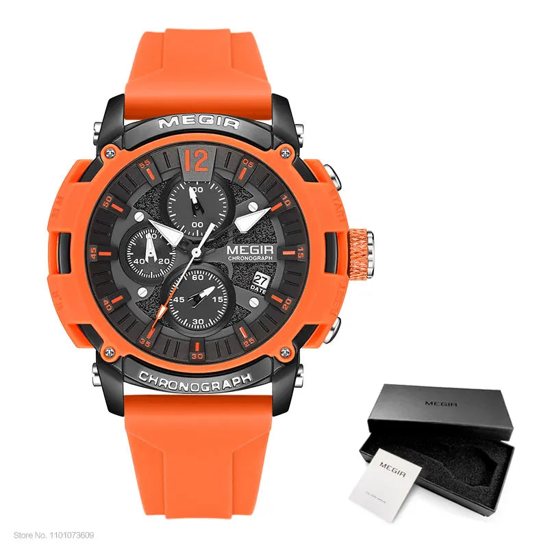 Relógio MEGIR 2208 Masculino Esportivo Laranja com Cronógrafo, Calendário Automático, Pulseira de Silicone e Resistência à Água