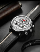 Relógio Mecânico Masculino Luxo Criativo com Data Rotativa e Pulseira de Couro